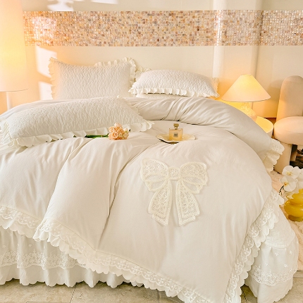 91家纺网 家纺一手货源 找家纺 （总）苏米娜韩版法式公主风蝴蝶结超柔水洗棉糯小棉被套款床盖款四件套少女心泡泡棉小竺棉凉蝴蝶结夏被床盖款四件套	