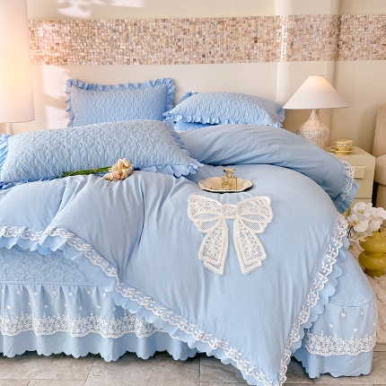 91家纺网 家纺一手货源 找家纺 （总）苏米娜韩版法式公主风蝴蝶结超柔水洗棉糯小棉被套款床盖款四件套少女心泡泡棉小竺棉凉蝴蝶结夏被床盖款四件套	