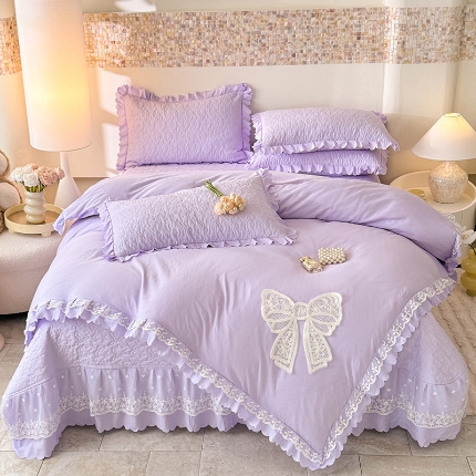 91家纺网 家纺一手货源 找家纺 （总）苏米娜2024韩版法式公主风水洗棉立体花绣花床盖款四件套蕾丝床盖款夏被四件套