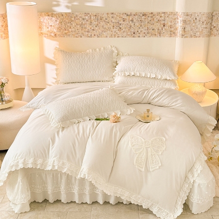91家纺网 家纺一手货源 找家纺 （总）苏米娜2024韩版法式公主风水洗棉立体花绣花床盖款四件套蕾丝床盖款夏被四件套