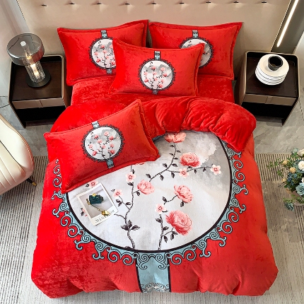 91家纺网 家纺一手货源 找家纺 （总）喜梦缘 2025新款大版花卉中国风加厚牛奶绒四件套（量大从优）