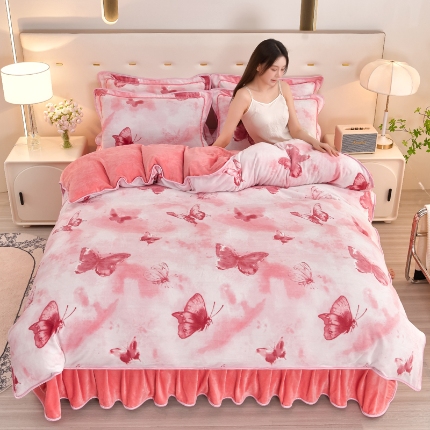 91家纺网 家纺一手货源 找家纺  新8.5-9.5斤法莱绒四件套珊瑚牛奶金貂绒四件套床裙 梦蝶粉