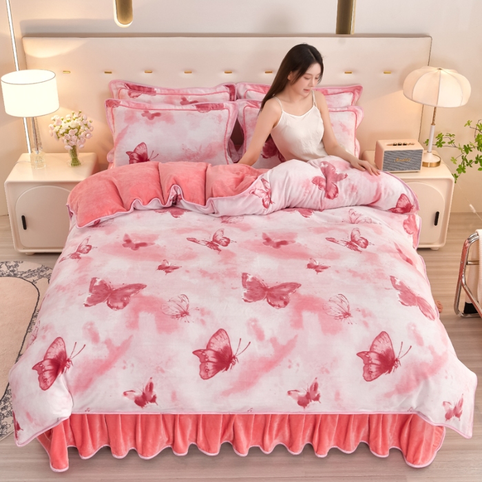 91家纺网 家纺一手货源 找家纺  新8.5-9.5斤法莱绒四件套珊瑚牛奶金貂绒四件套床裙 梦蝶粉