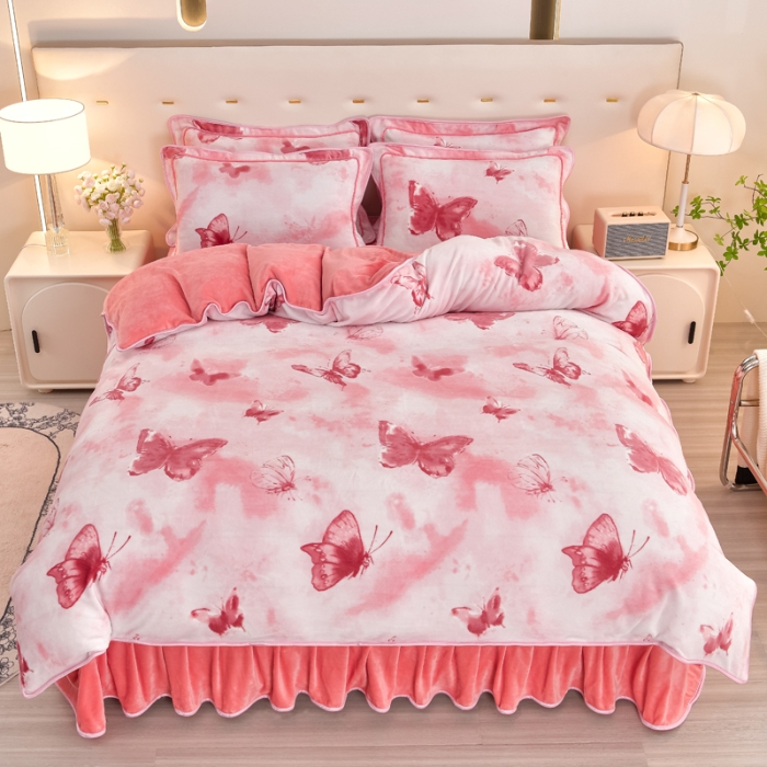 91家纺网 家纺一手货源 找家纺  新8.5-9.5斤法莱绒四件套珊瑚牛奶金貂绒四件套床裙 梦蝶粉