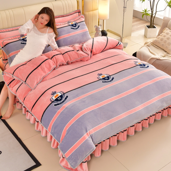 91家纺网 家纺一手货源 找家纺 新8.5-9.5斤法莱绒四件套珊瑚牛奶金貂绒四件套床裙 爱情条码