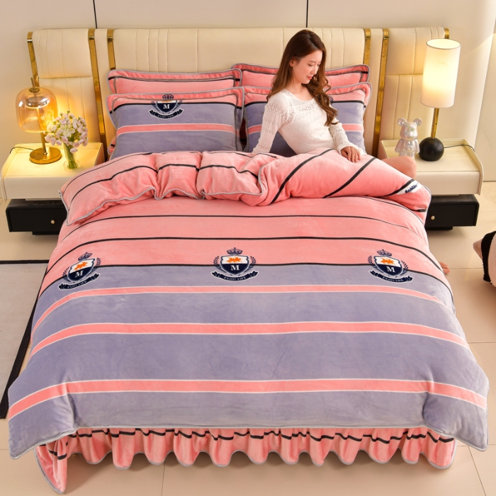 91家纺网 家纺一手货源 找家纺 新8.5-9.5斤法莱绒四件套珊瑚牛奶金貂绒四件套床裙 爱情条码