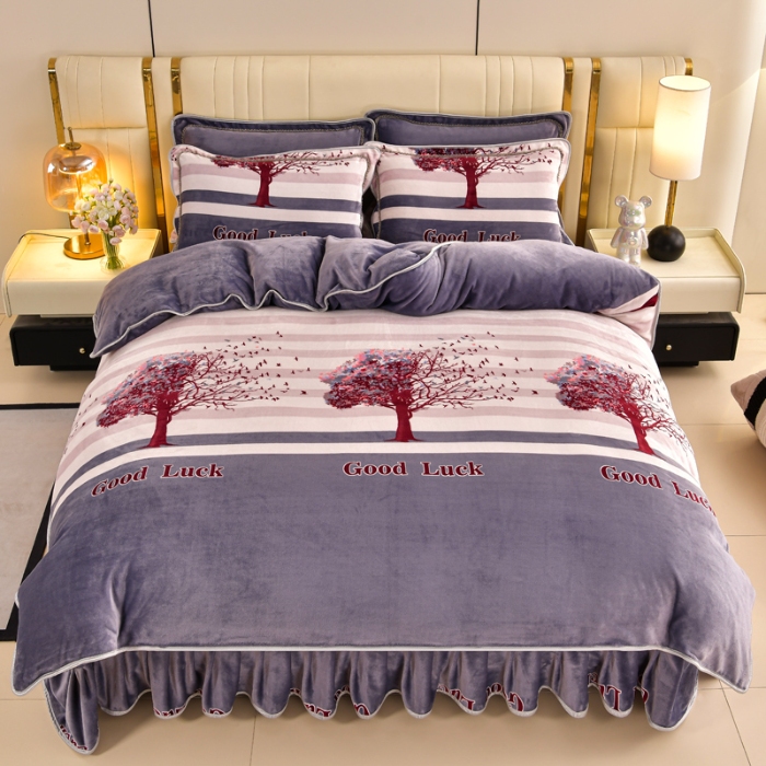 91家纺网 家纺一手货源 找家纺 新8.5-9.5斤法莱绒四件套珊瑚牛奶金貂绒四件套床裙 发财树