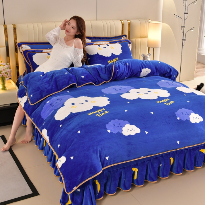 91家纺网 家纺一手货源 找家纺 新8.5-9.5斤法莱绒四件套珊瑚牛奶金貂绒四件套床裙 欢乐时光