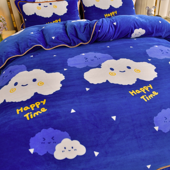 91家纺网 家纺一手货源 找家纺 新8.5-9.5斤法莱绒四件套珊瑚牛奶金貂绒四件套床裙 欢乐时光