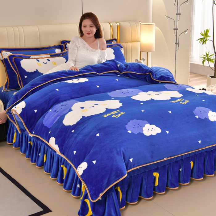 91家纺网 家纺一手货源 找家纺 新8.5-9.5斤法莱绒四件套珊瑚牛奶金貂绒四件套床裙 欢乐时光