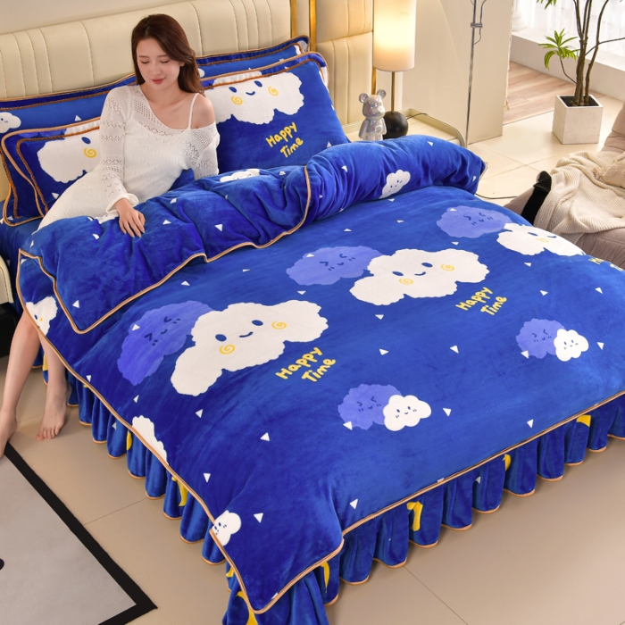 91家纺网 家纺一手货源 找家纺 新8.5-9.5斤法莱绒四件套珊瑚牛奶金貂绒四件套床裙 欢乐时光