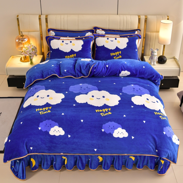 91家纺网 家纺一手货源 找家纺 新8.5-9.5斤法莱绒四件套珊瑚牛奶金貂绒四件套床裙 欢乐时光