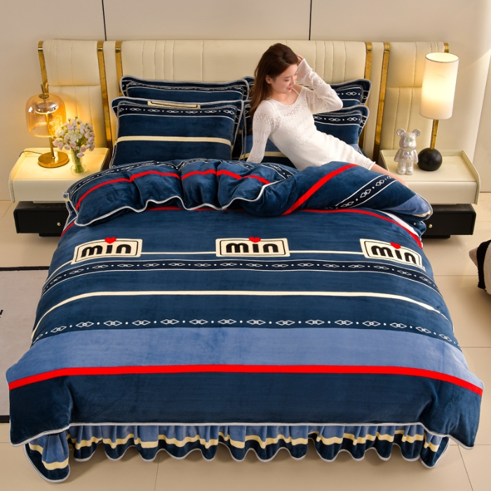 91家纺网 家纺一手货源 找家纺 新8.5-9.5斤法莱绒四件套珊瑚牛奶金貂绒四件套床裙 简单爱