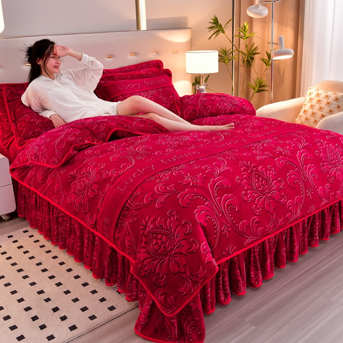 91家纺网 家纺一手货源 找家纺  新8.5-9.5斤法莱绒四件套珊瑚牛奶金貂绒四件套床裙 江月