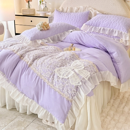91家纺网 家纺一手货源 找家纺 （总）苏米娜2025韩版法式公主风水洗棉立体花绣花床盖款四件套少女心蕾丝被套床盖款四件套