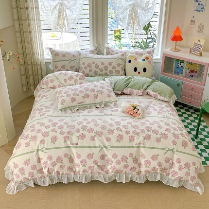 91家纺网 家纺一手货源 找家纺 （总）富瑞阁 2024年新款13372全棉雪纺花边花边款四件套 三件套