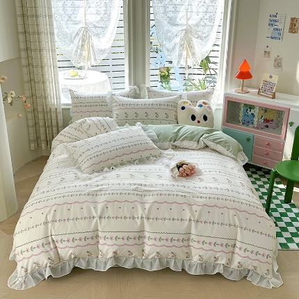 91家纺网 家纺一手货源 找家纺 （总）富瑞阁 2024年新款13372全棉雪纺花边花边款四件套 三件套