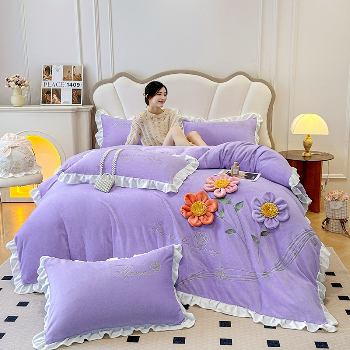 91家纺网 家纺一手货源 找家纺 （总）9斤高端韩版少女心法式公主风贴布绣花牛奶绒四件套小清新绒兔毛绒法莱绒床盖被套丝绒兔毛绒法莱绒床盖被套