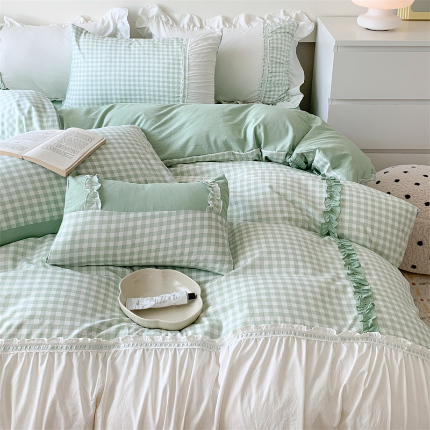 91家纺网 家纺一手货源 找家纺 （总）凯儿2024新款110克超柔水洗棉韩系少女褶皱花边工艺款四件套