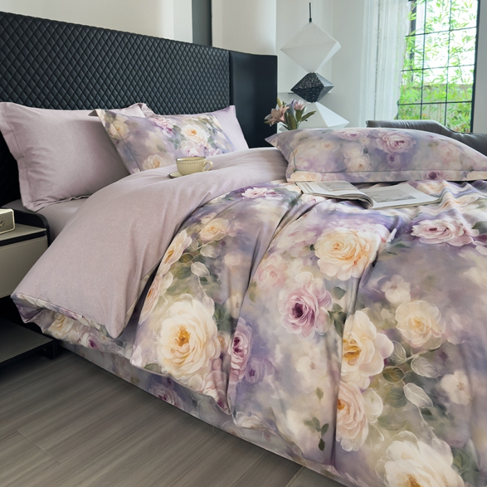 91家纺网 家纺一手货源 找家纺 2024新款全棉加厚长绒棉数码印花四件套 寻觅芳香-紫