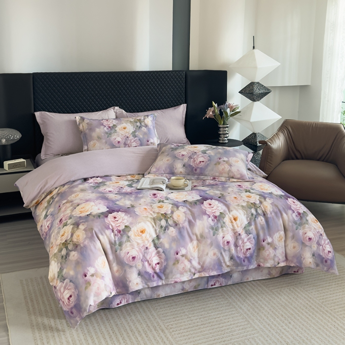 91家纺网 家纺一手货源 找家纺 2024新款全棉加厚长绒棉数码印花四件套 寻觅芳香-紫