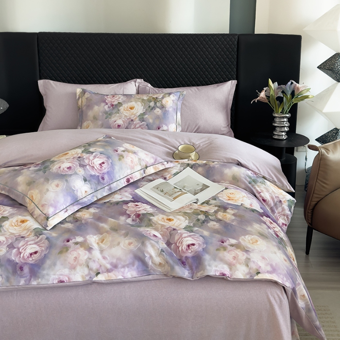 91家纺网 家纺一手货源 找家纺 2024新款全棉加厚长绒棉数码印花四件套 寻觅芳香-紫