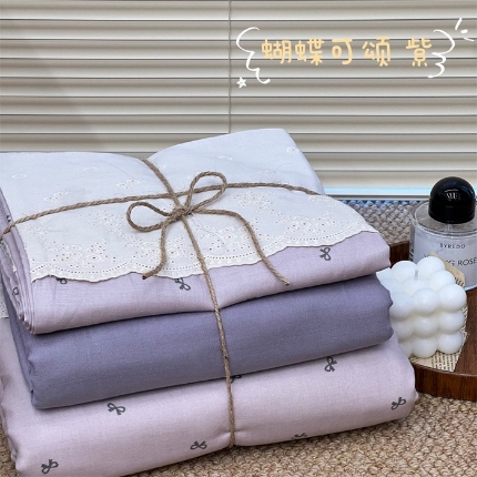 91家纺网 家纺一手货源 找家纺 （总）2024新款全棉印花双层纱四件套--蕾丝花边款