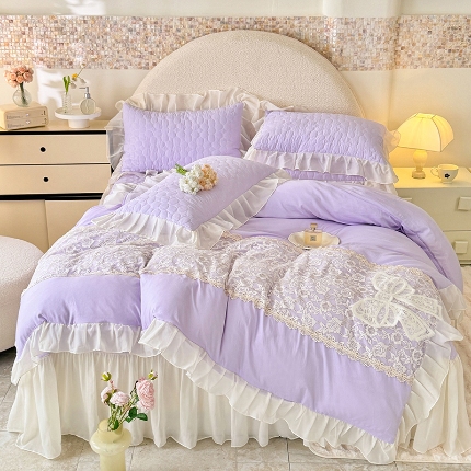 91家纺网 家纺一手货源 找家纺 （总）2025法式公主风水洗棉立体花绣花床盖款四件套蕾丝床盖款三件套韩版贴布绣雪纺花边床盖款四件套