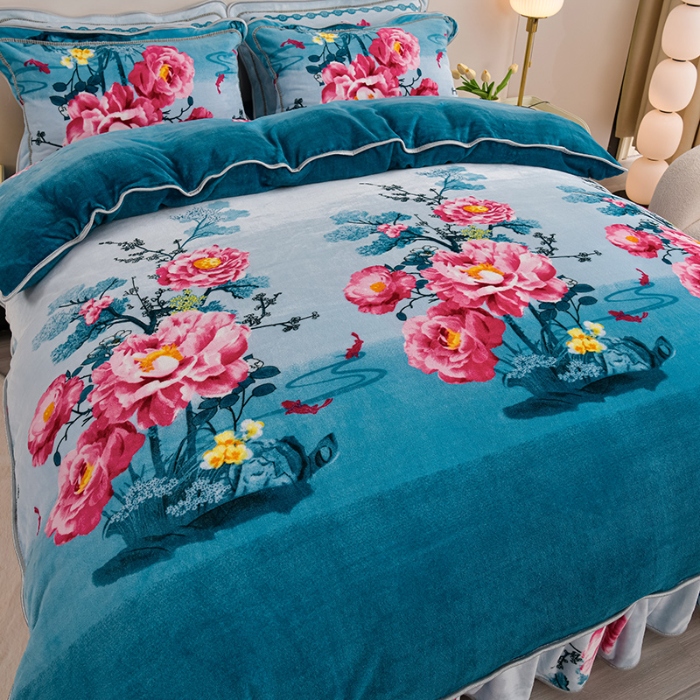 91家纺网 家纺一手货源 找家纺 绒耀 2025新款高克重牛奶绒四件套保暖四件套直播爆款电商爆款 映山红