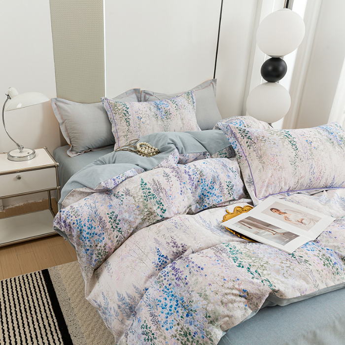 91家纺网 家纺一手货源 找家纺 2024新款全棉加厚长绒棉数码印花四件套 花辰月夕-蓝