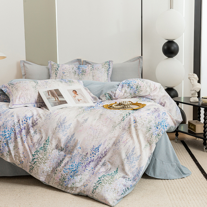 91家纺网 家纺一手货源 找家纺 2024新款全棉加厚长绒棉数码印花四件套 花辰月夕-蓝