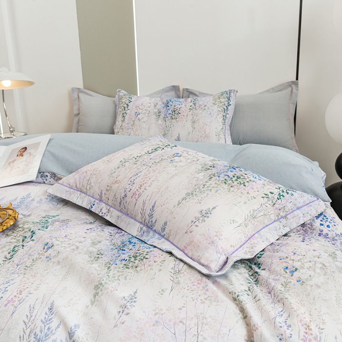 91家纺网 家纺一手货源 找家纺 2024新款全棉加厚长绒棉数码印花四件套 花辰月夕-蓝