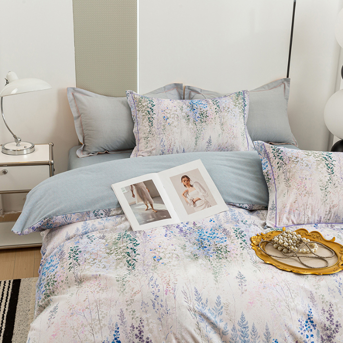 91家纺网 家纺一手货源 找家纺 2024新款全棉加厚长绒棉数码印花四件套 花辰月夕-蓝