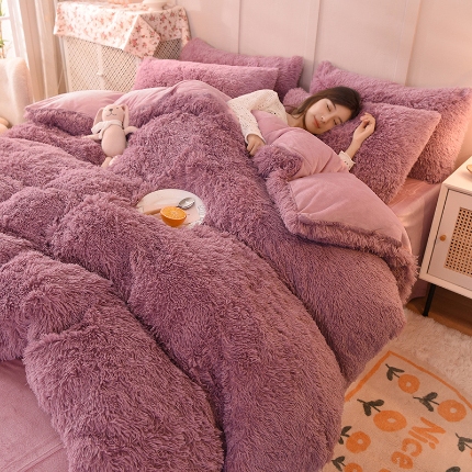 91家纺网 家纺一手货源 找家纺 （总）经年 2025年新款纯色水貂绒水晶绒长毛绒保暖牛奶绒兔绒四件套