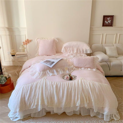 91家纺网 家纺一手货源 找家纺 吾欢心 2024新款240克全消光牛奶绒浪漫法式公主风爱丽莎系列四件套床单款，床盖款 绒-爱丽莎粉