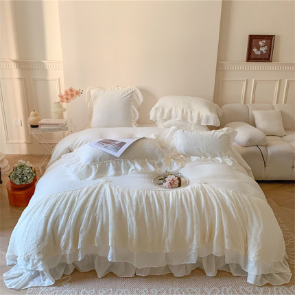 91家纺网 家纺一手货源 找家纺 吾欢心 2024新款240克全消光牛奶绒浪漫法式公主风爱丽莎系列四件套床单款，床盖款 绒-爱丽莎白