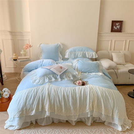 吾欢心 2024新款240克全消光牛奶绒浪漫法式公主风爱丽莎系列四件套床单款，床盖款 绒-爱丽莎蓝