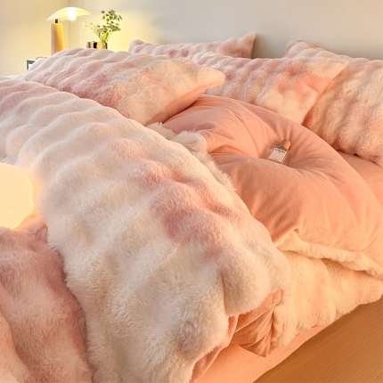 91家纺网 家纺一手货源 找家纺 星座家纺 2025新款大泡泡兔兔绒四件套-场景1 樱花粉