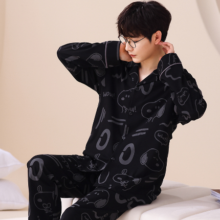 91家纺网 家纺一手货源 找家纺 春秋季新款纯棉休闲简约睡衣高级质量家居服夏季男士宽松舒适睡衣翻领 667男