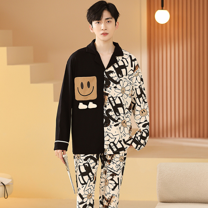 91家纺网 家纺一手货源 找家纺 春秋季新款纯棉休闲简约睡衣高级质量家居服夏季男士宽松舒适睡衣翻领 640男