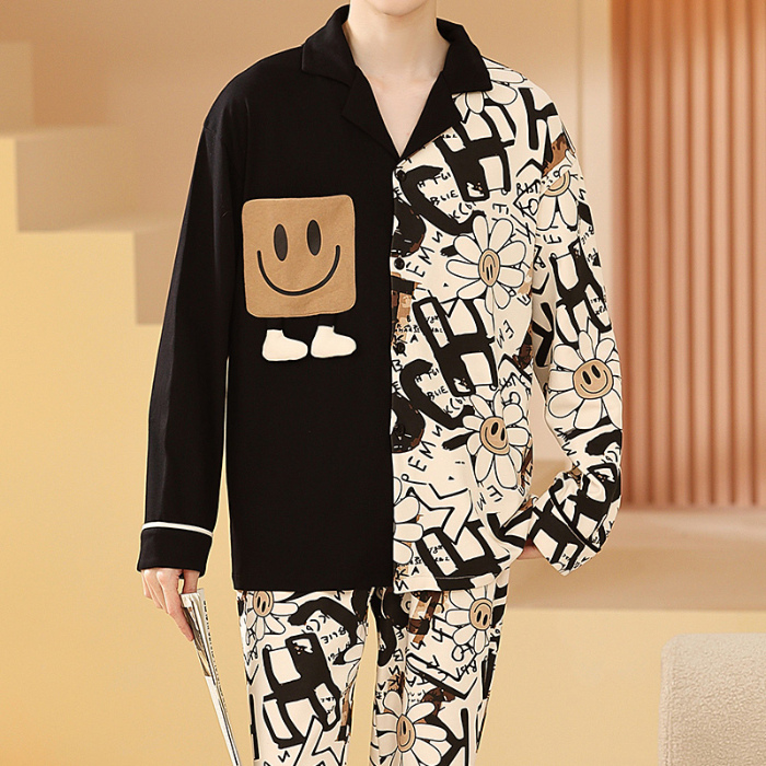 91家纺网 家纺一手货源 找家纺 春秋季新款纯棉休闲简约睡衣高级质量家居服夏季男士宽松舒适睡衣翻领 640男