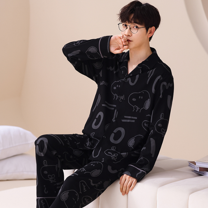 91家纺网 家纺一手货源 找家纺 春秋季新款纯棉休闲简约睡衣高级质量家居服夏季男士宽松舒适睡衣翻领 667男