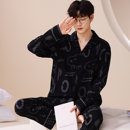 春秋季新款纯棉休闲简约睡衣高级质量家居服夏季男士宽松舒适睡衣翻领 667男