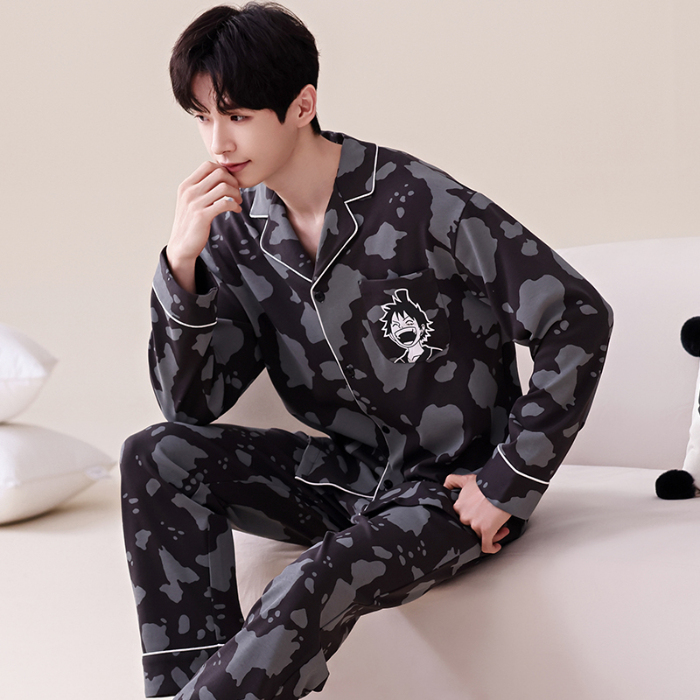 91家纺网 家纺一手货源 找家纺 春秋季新款纯棉休闲简约睡衣高级质量家居服夏季男士宽松舒适睡衣翻领 678男