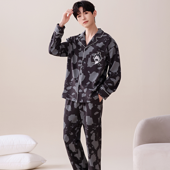 91家纺网 家纺一手货源 找家纺 春秋季新款纯棉休闲简约睡衣高级质量家居服夏季男士宽松舒适睡衣翻领 678男