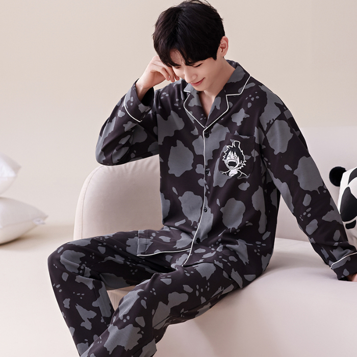 91家纺网 家纺一手货源 找家纺 春秋季新款纯棉休闲简约睡衣高级质量家居服夏季男士宽松舒适睡衣翻领 678男