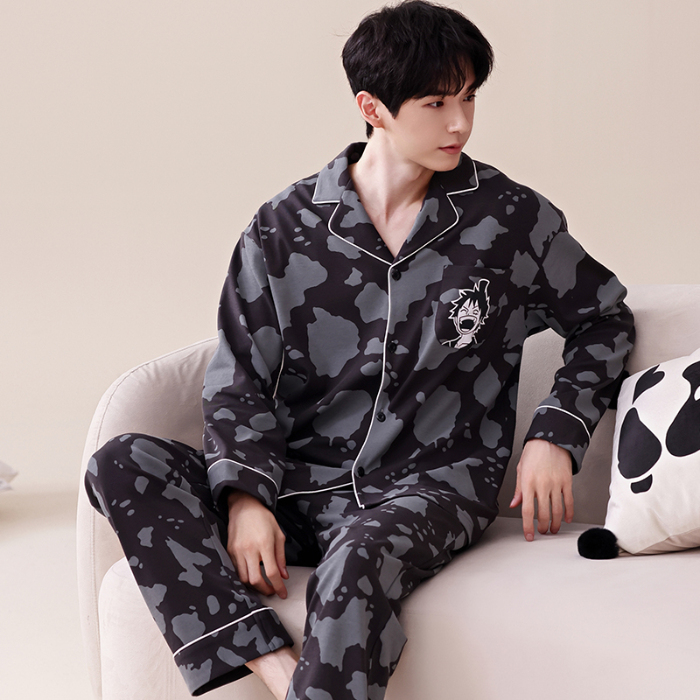 91家纺网 家纺一手货源 找家纺 春秋季新款纯棉休闲简约睡衣高级质量家居服夏季男士宽松舒适睡衣翻领 678男