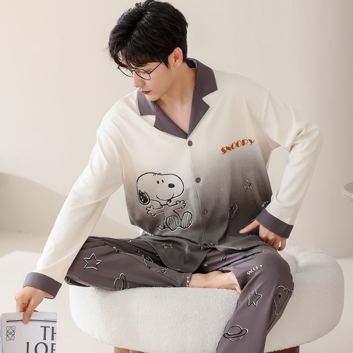 91家纺网 家纺一手货源 找家纺 春秋季新款纯棉休闲简约睡衣高级质量家居服夏季男士宽松舒适睡衣翻领 699男