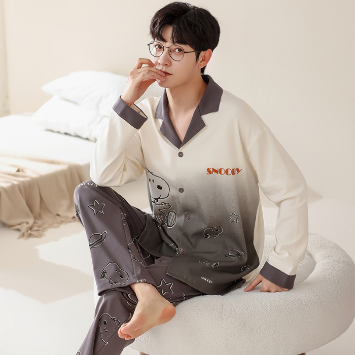 91家纺网 家纺一手货源 找家纺 春秋季新款纯棉休闲简约睡衣高级质量家居服夏季男士宽松舒适睡衣翻领 699男