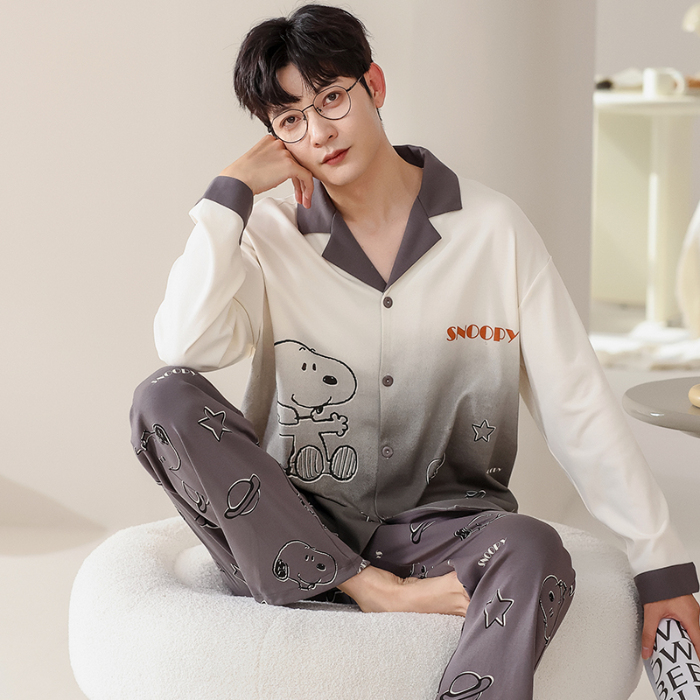 91家纺网 家纺一手货源 找家纺 春秋季新款纯棉休闲简约睡衣高级质量家居服夏季男士宽松舒适睡衣翻领 699男